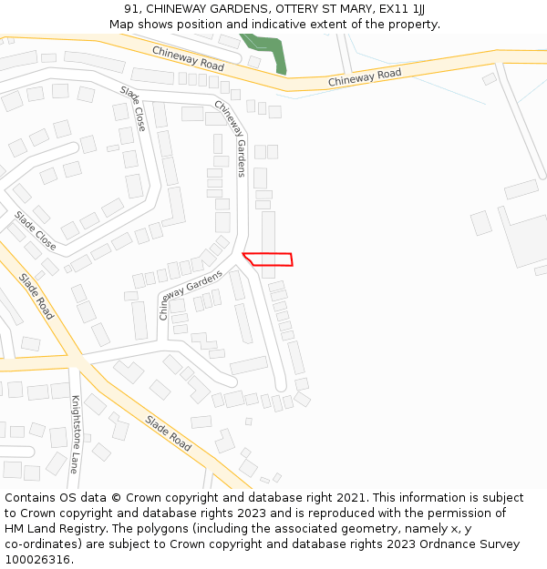 91, CHINEWAY GARDENS, OTTERY ST MARY, EX11 1JJ: Location map and indicative extent of plot