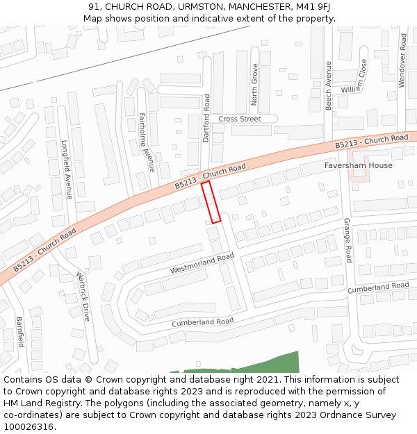 91, CHURCH ROAD, URMSTON, MANCHESTER, M41 9FJ: Location map and indicative extent of plot