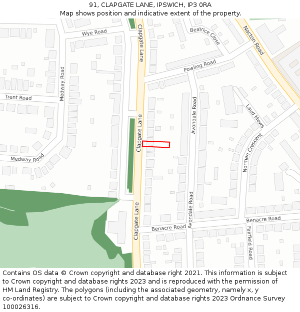 91, CLAPGATE LANE, IPSWICH, IP3 0RA: Location map and indicative extent of plot