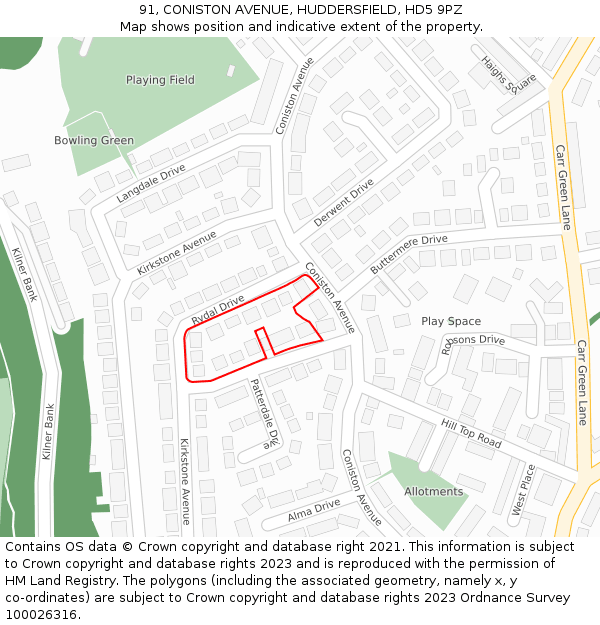 91, CONISTON AVENUE, HUDDERSFIELD, HD5 9PZ: Location map and indicative extent of plot
