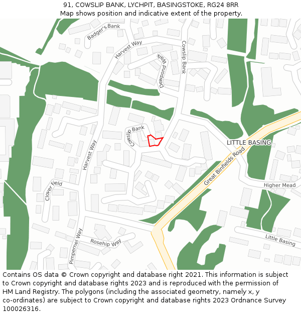 91, COWSLIP BANK, LYCHPIT, BASINGSTOKE, RG24 8RR: Location map and indicative extent of plot
