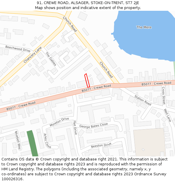 91, CREWE ROAD, ALSAGER, STOKE-ON-TRENT, ST7 2JE: Location map and indicative extent of plot