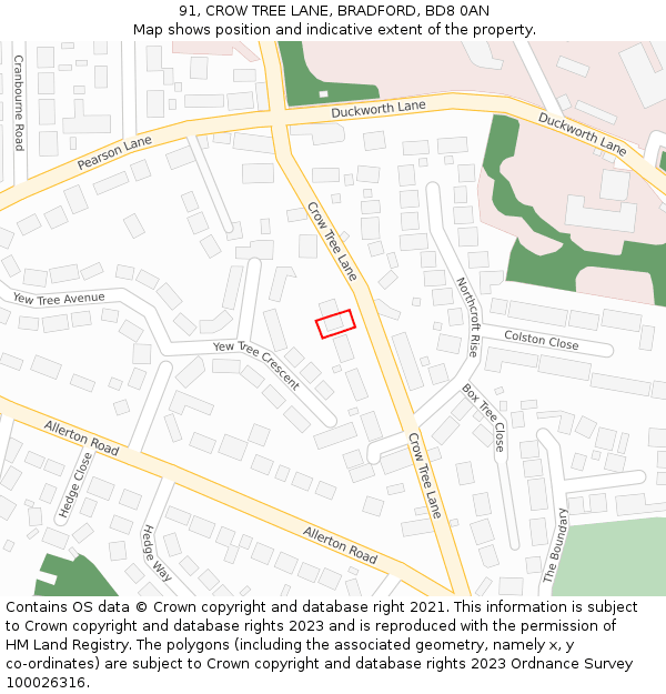 91, CROW TREE LANE, BRADFORD, BD8 0AN: Location map and indicative extent of plot