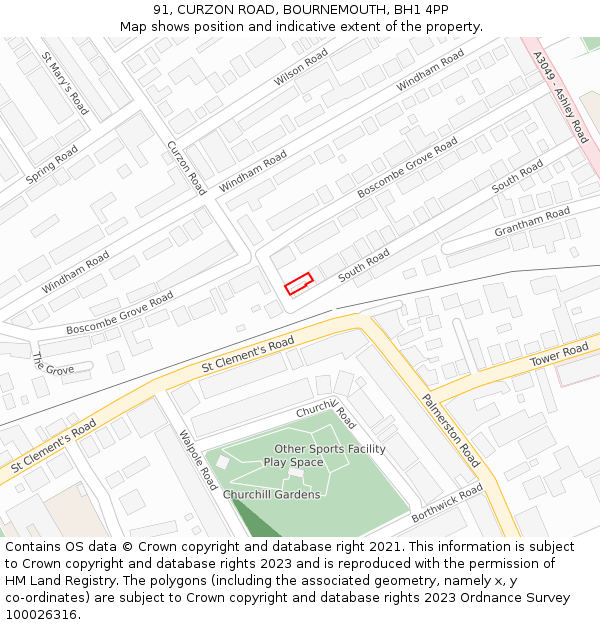 91, CURZON ROAD, BOURNEMOUTH, BH1 4PP: Location map and indicative extent of plot