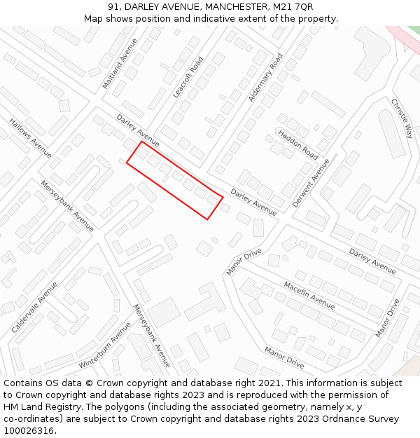 91, DARLEY AVENUE, MANCHESTER, M21 7QR: Location map and indicative extent of plot