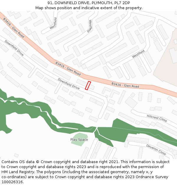 91, DOWNFIELD DRIVE, PLYMOUTH, PL7 2DP: Location map and indicative extent of plot