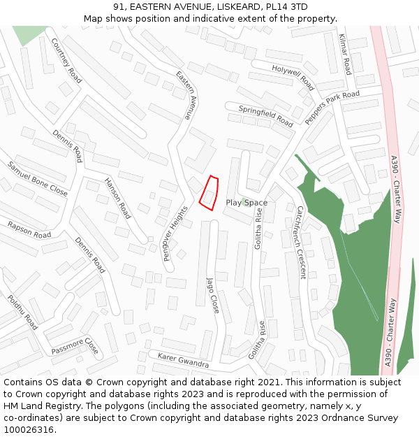 91, EASTERN AVENUE, LISKEARD, PL14 3TD: Location map and indicative extent of plot