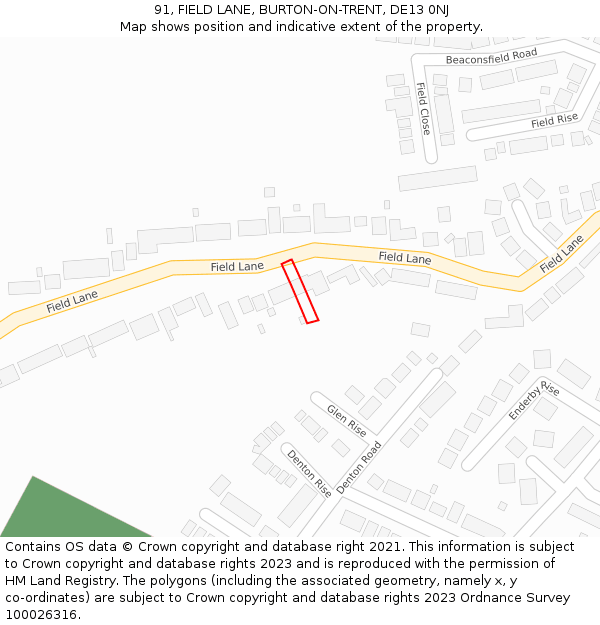 91, FIELD LANE, BURTON-ON-TRENT, DE13 0NJ: Location map and indicative extent of plot