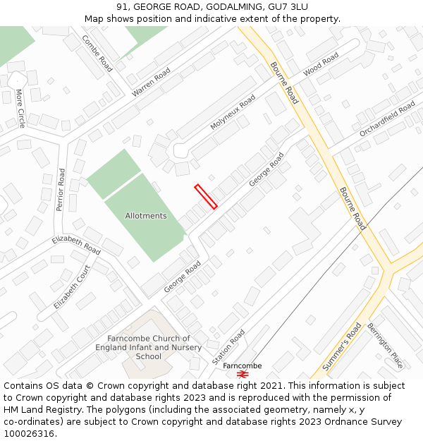 91, GEORGE ROAD, GODALMING, GU7 3LU: Location map and indicative extent of plot