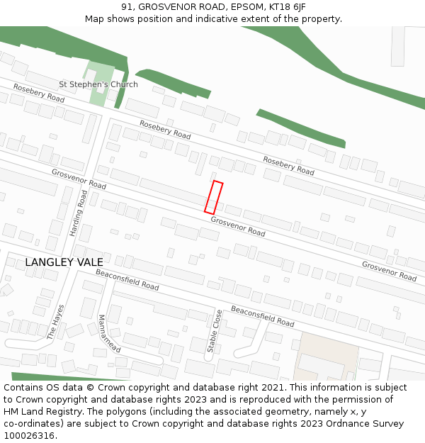 91, GROSVENOR ROAD, EPSOM, KT18 6JF: Location map and indicative extent of plot