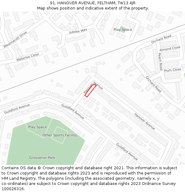 91, HANOVER AVENUE, FELTHAM, TW13 4JR: Location map and indicative extent of plot