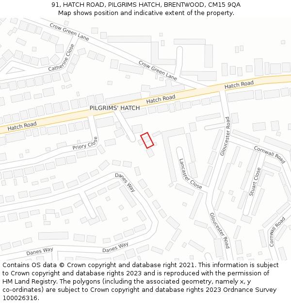 91, HATCH ROAD, PILGRIMS HATCH, BRENTWOOD, CM15 9QA: Location map and indicative extent of plot