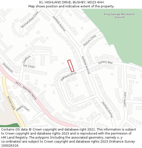 91, HIGHLAND DRIVE, BUSHEY, WD23 4HH: Location map and indicative extent of plot