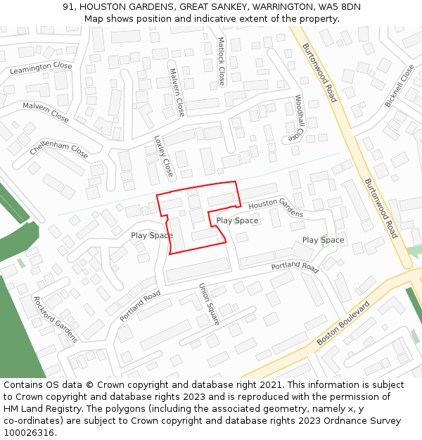 91, HOUSTON GARDENS, GREAT SANKEY, WARRINGTON, WA5 8DN: Location map and indicative extent of plot