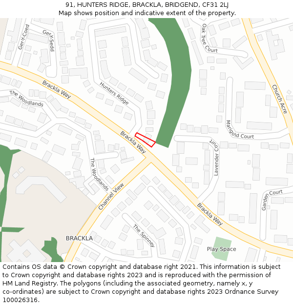 91, HUNTERS RIDGE, BRACKLA, BRIDGEND, CF31 2LJ: Location map and indicative extent of plot