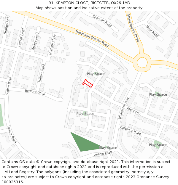 91, KEMPTON CLOSE, BICESTER, OX26 1AD: Location map and indicative extent of plot