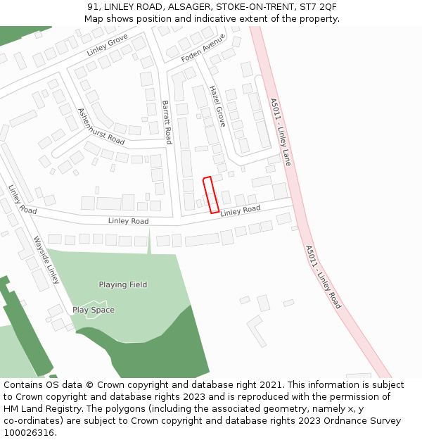 91, LINLEY ROAD, ALSAGER, STOKE-ON-TRENT, ST7 2QF: Location map and indicative extent of plot