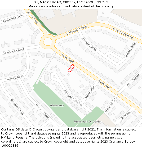 91, MANOR ROAD, CROSBY, LIVERPOOL, L23 7US: Location map and indicative extent of plot