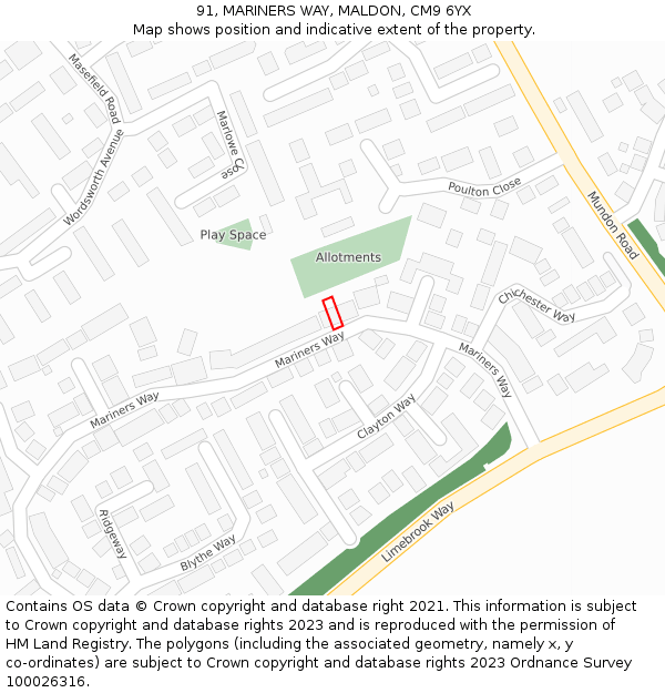 91, MARINERS WAY, MALDON, CM9 6YX: Location map and indicative extent of plot