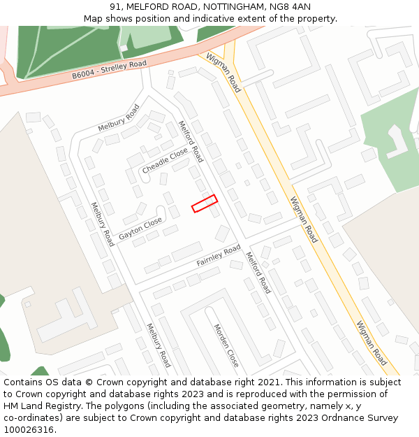 91, MELFORD ROAD, NOTTINGHAM, NG8 4AN: Location map and indicative extent of plot
