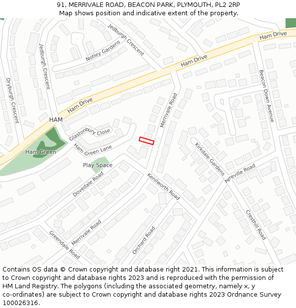 91, MERRIVALE ROAD, BEACON PARK, PLYMOUTH, PL2 2RP: Location map and indicative extent of plot