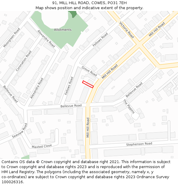 91, MILL HILL ROAD, COWES, PO31 7EH: Location map and indicative extent of plot