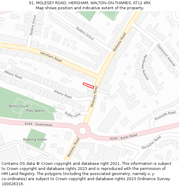 91, MOLESEY ROAD, HERSHAM, WALTON-ON-THAMES, KT12 4RX: Location map and indicative extent of plot