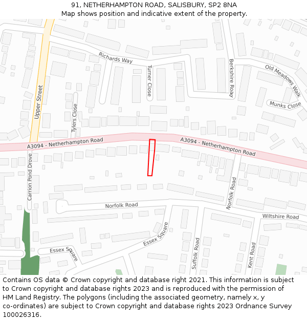 91, NETHERHAMPTON ROAD, SALISBURY, SP2 8NA: Location map and indicative extent of plot