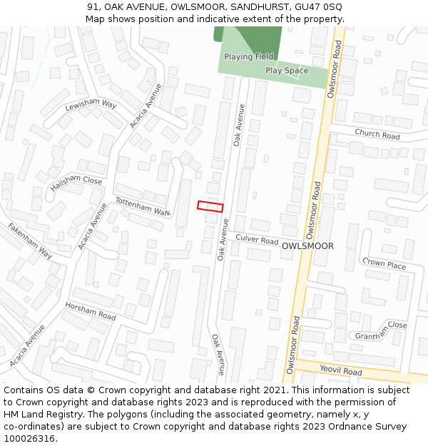 91, OAK AVENUE, OWLSMOOR, SANDHURST, GU47 0SQ: Location map and indicative extent of plot