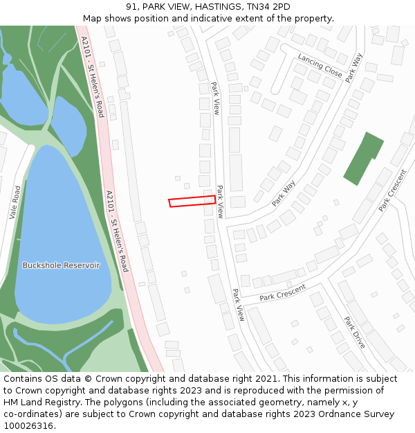 91, PARK VIEW, HASTINGS, TN34 2PD: Location map and indicative extent of plot
