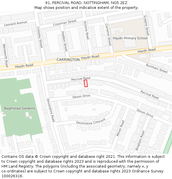 91, PERCIVAL ROAD, NOTTINGHAM, NG5 2EZ: Location map and indicative extent of plot