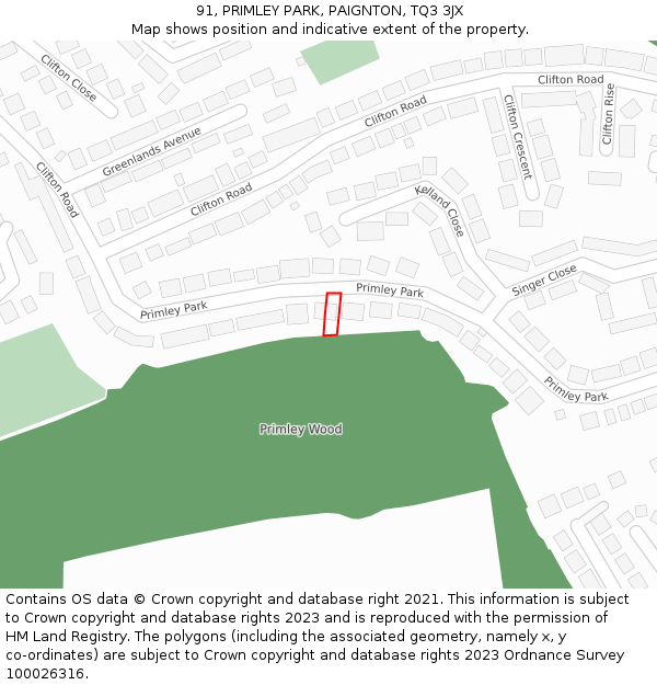 91, PRIMLEY PARK, PAIGNTON, TQ3 3JX: Location map and indicative extent of plot