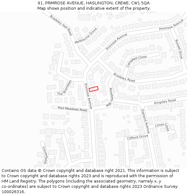 91, PRIMROSE AVENUE, HASLINGTON, CREWE, CW1 5QA: Location map and indicative extent of plot