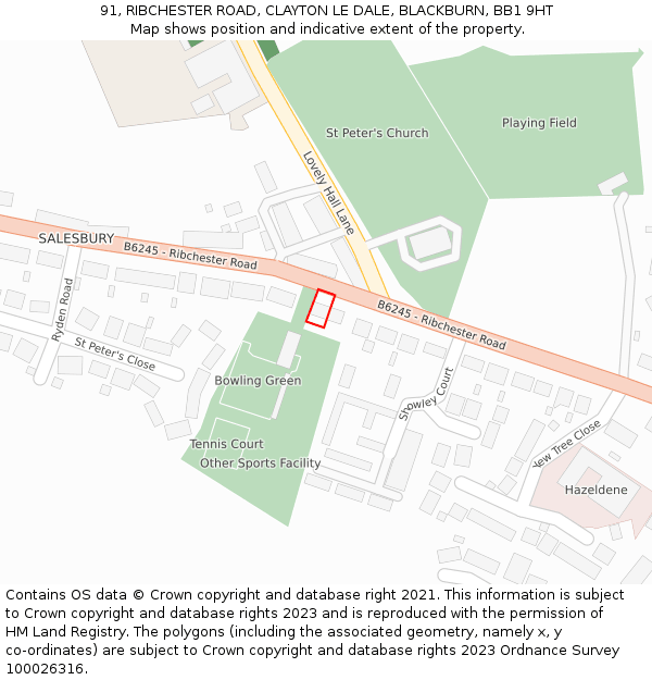 91, RIBCHESTER ROAD, CLAYTON LE DALE, BLACKBURN, BB1 9HT: Location map and indicative extent of plot