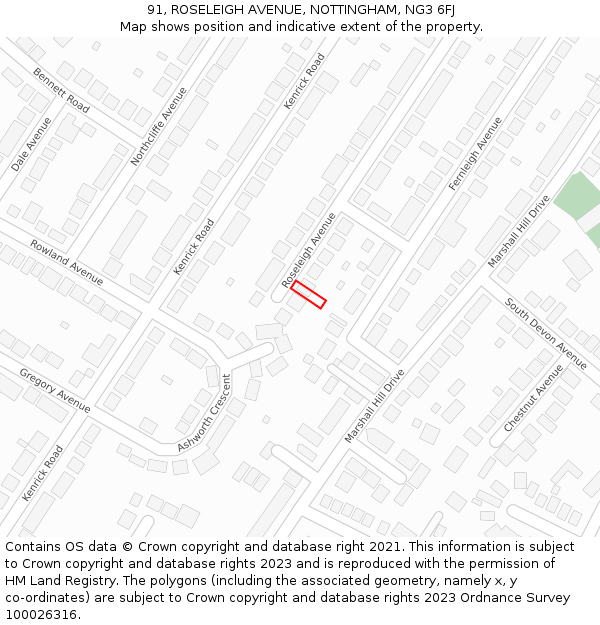 91, ROSELEIGH AVENUE, NOTTINGHAM, NG3 6FJ: Location map and indicative extent of plot