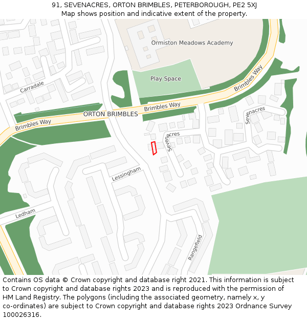 91, SEVENACRES, ORTON BRIMBLES, PETERBOROUGH, PE2 5XJ: Location map and indicative extent of plot