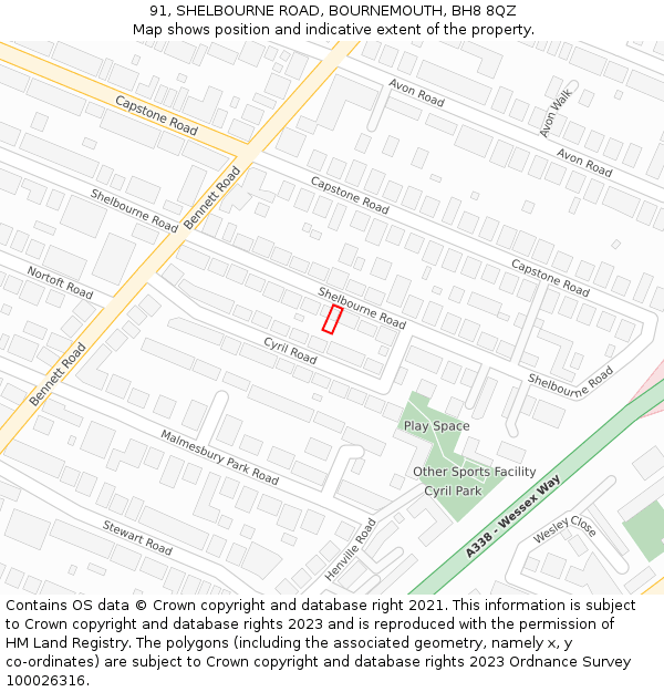91, SHELBOURNE ROAD, BOURNEMOUTH, BH8 8QZ: Location map and indicative extent of plot