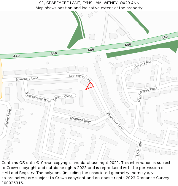 91, SPAREACRE LANE, EYNSHAM, WITNEY, OX29 4NN: Location map and indicative extent of plot