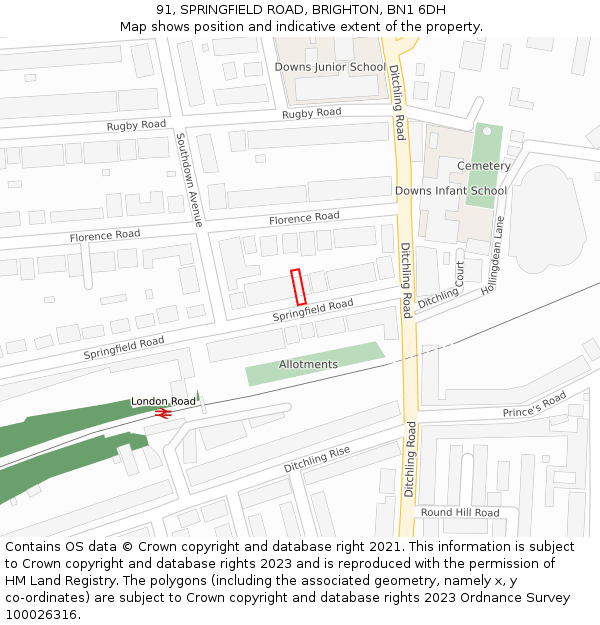 91, SPRINGFIELD ROAD, BRIGHTON, BN1 6DH: Location map and indicative extent of plot