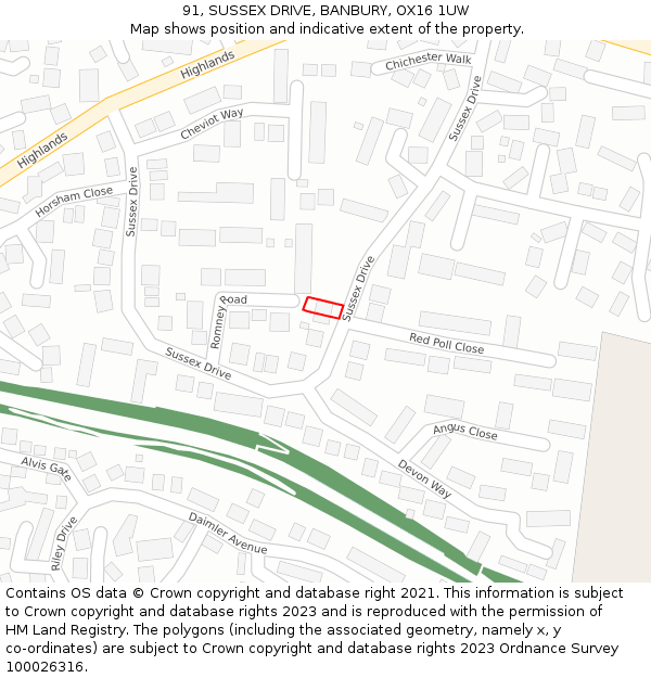91, SUSSEX DRIVE, BANBURY, OX16 1UW: Location map and indicative extent of plot