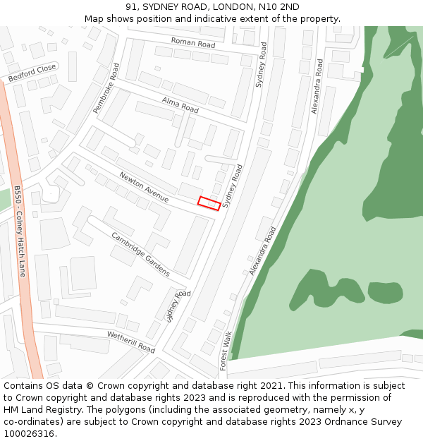 91, SYDNEY ROAD, LONDON, N10 2ND: Location map and indicative extent of plot