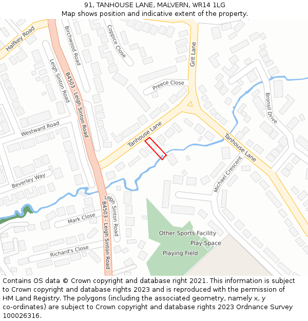 91, TANHOUSE LANE, MALVERN, WR14 1LG: Location map and indicative extent of plot