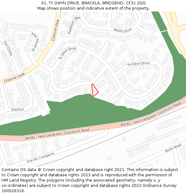 91, TY GWYN DRIVE, BRACKLA, BRIDGEND, CF31 2QG: Location map and indicative extent of plot
