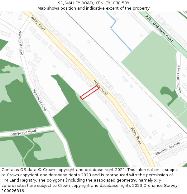 91, VALLEY ROAD, KENLEY, CR8 5BY: Location map and indicative extent of plot