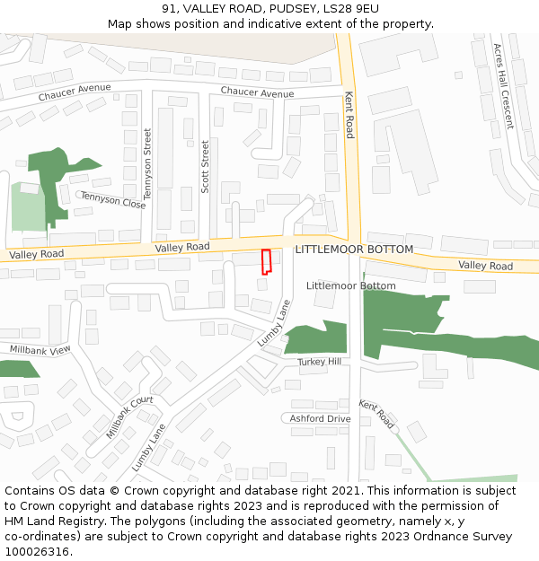 91, VALLEY ROAD, PUDSEY, LS28 9EU: Location map and indicative extent of plot