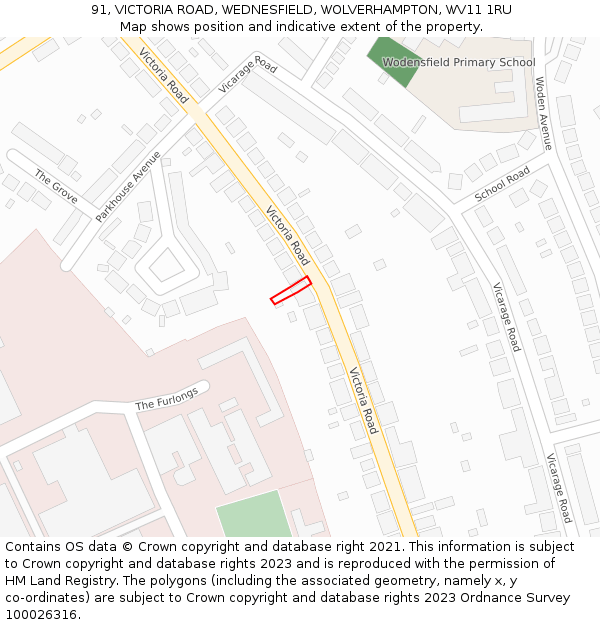 91, VICTORIA ROAD, WEDNESFIELD, WOLVERHAMPTON, WV11 1RU: Location map and indicative extent of plot