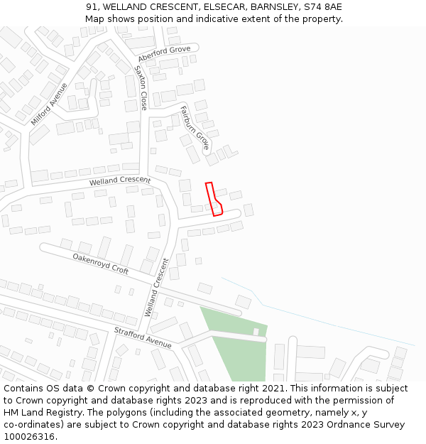 91, WELLAND CRESCENT, ELSECAR, BARNSLEY, S74 8AE: Location map and indicative extent of plot