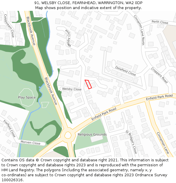 91, WELSBY CLOSE, FEARNHEAD, WARRINGTON, WA2 0DP: Location map and indicative extent of plot