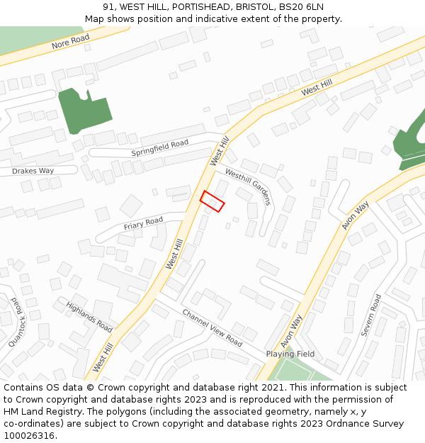 91, WEST HILL, PORTISHEAD, BRISTOL, BS20 6LN: Location map and indicative extent of plot