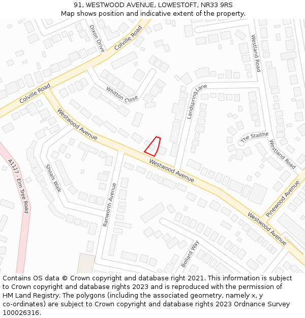 91, WESTWOOD AVENUE, LOWESTOFT, NR33 9RS: Location map and indicative extent of plot